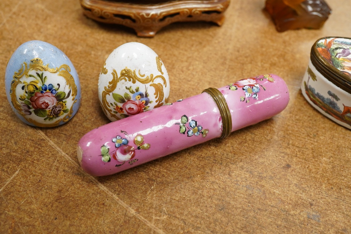 Two 19th century enamel boxes and two enamel shaped vessels, a hardstone elephant, etc.